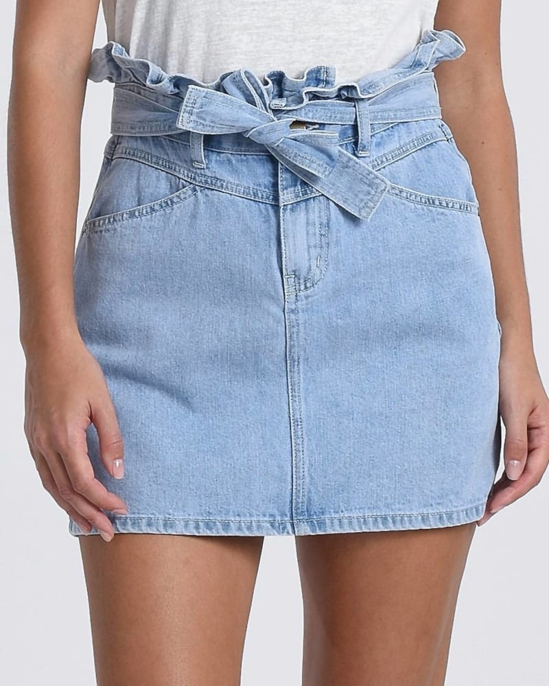 Front of a model wearing a size Extra Large Paper Bag Denim Skirt In Denim in Denim by MOLLY BRACKEN. | dia_product_style_image_id:359202